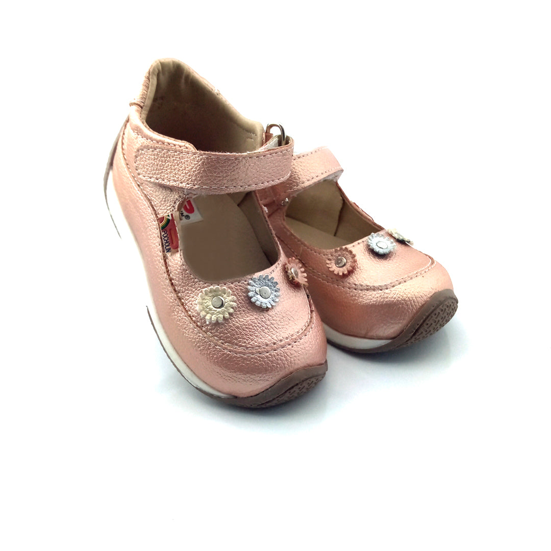 Zapatos con flor de bebé y niña Pocholin león Oro Rosa